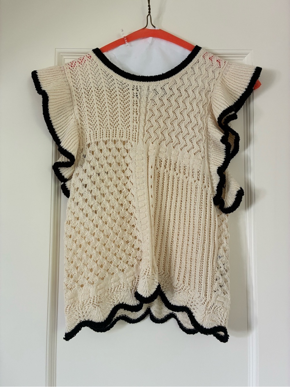 Zara cream white crochet knit top with black trim
